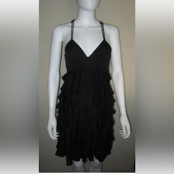 Holly Morgan black silk crochet tiered ruffle flirty boho brunch sun dress S - Picture 3 of 6